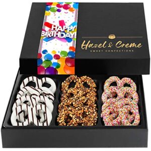 hazel & creme chocolate covered pretzels – happy birthday chocolate gift box – birthday food gifts – gourmet food gift (large box)