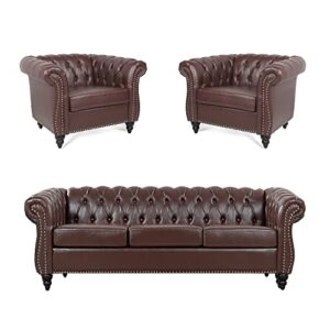melpomene modern faux leather 3 pieces sofa set furniture, including 3-seater sofa and 2 sofa chairs with rolled arm for living room(brown,1+1+3 seat)