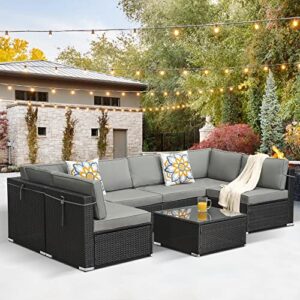 sunvivi outdoor 7 piece patio furniture set, outdoor sofa for backyard, garden with 6 sofas, 6 seat clips, coffee table – black/grey