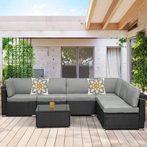 SUNVIVI OUTDOOR 7 Piece Patio Furniture Set, Outdoor Sofa for Backyard, Garden with 6 Sofas, 6 Seat Clips, Coffee Table - Black/Grey