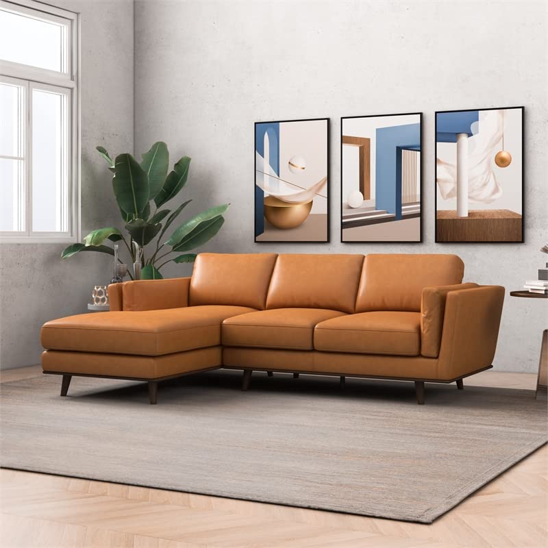 ASHCROFT Mid Century Modern 92.9" Tan Genuine Leather Couch Sectional L-Shape Sofa Left Chaise Facing for Living Room, Waiting Area, Office, Apartment/Loft/Home Living, in Cognac Tan