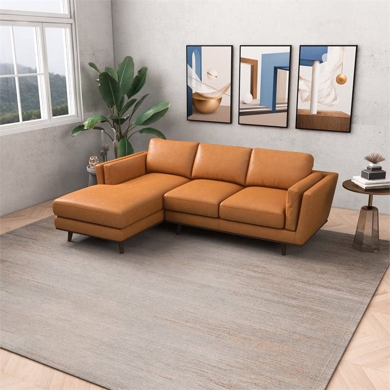 ASHCROFT Mid Century Modern 92.9" Tan Genuine Leather Couch Sectional L-Shape Sofa Left Chaise Facing for Living Room, Waiting Area, Office, Apartment/Loft/Home Living, in Cognac Tan