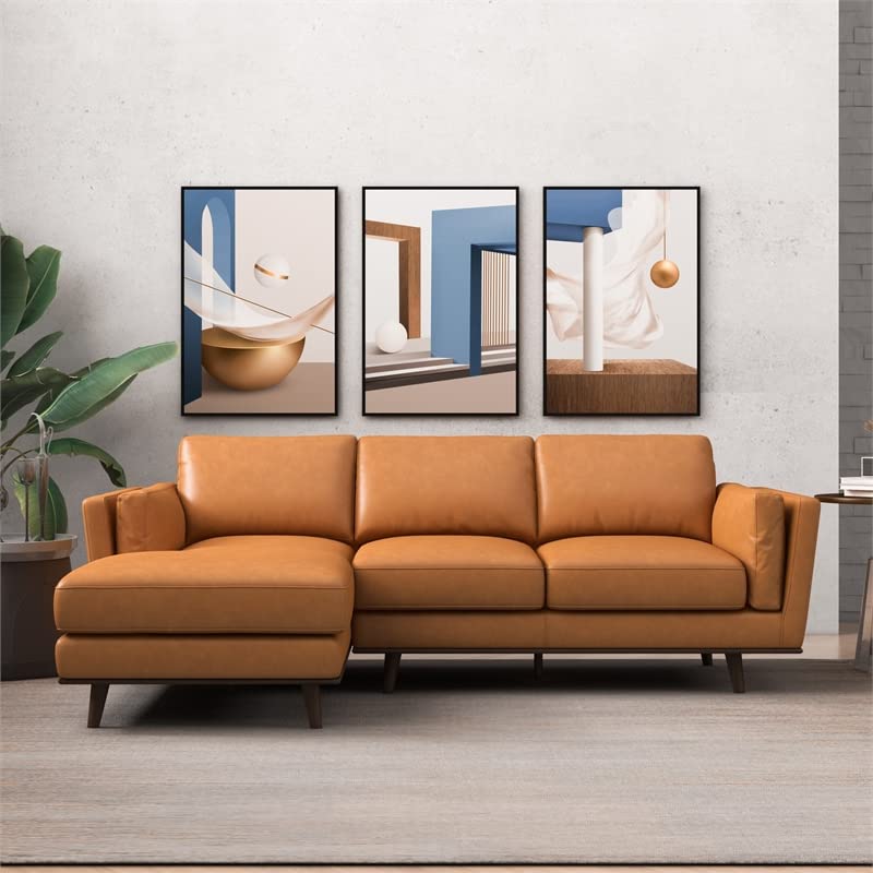 ASHCROFT Mid Century Modern 92.9" Tan Genuine Leather Couch Sectional L-Shape Sofa Left Chaise Facing for Living Room, Waiting Area, Office, Apartment/Loft/Home Living, in Cognac Tan