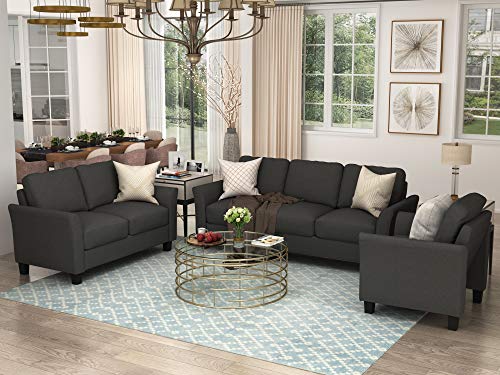 Merax 3 Pieces Sectional Sofa Set, Modern Polyester Upholstered Couch Furniture for Living Room, Black(New)