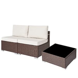 sunvivi outdoor 3 piece patio furniture set all weather brown wicker outdoor patio sectional sofa couch with beige cushions, 2 single chairs, 1 table with a tempered glass top