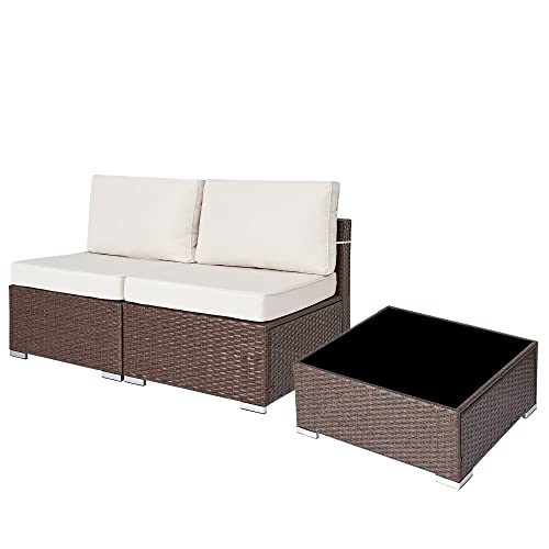 SUNVIVI OUTDOOR 3 Piece Patio Furniture Set All Weather Brown Wicker Outdoor Patio Sectional Sofa Couch with Beige Cushions, 2 Single Chairs, 1 Table with a Tempered Glass Top