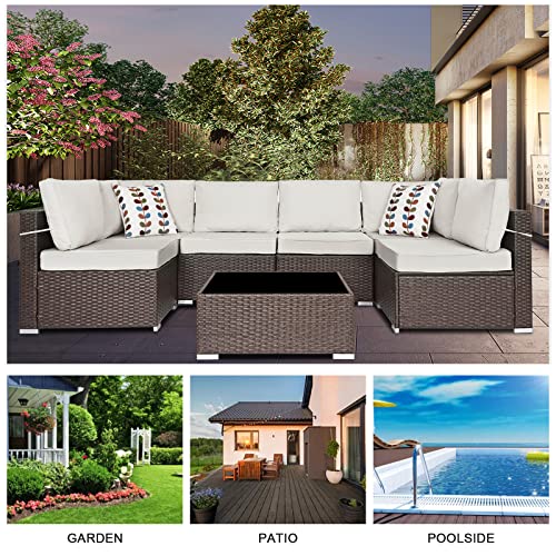 SUNVIVI OUTDOOR 3 Piece Patio Furniture Set All Weather Brown Wicker Outdoor Patio Sectional Sofa Couch with Beige Cushions, 2 Single Chairs, 1 Table with a Tempered Glass Top