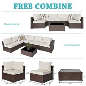 SUNVIVI OUTDOOR 3 Piece Patio Furniture Set All Weather Brown Wicker Outdoor Patio Sectional Sofa Couch with Beige Cushions, 2 Single Chairs, 1 Table with a Tempered Glass Top