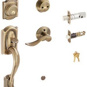 Schlage F62CAM609ACCLH Camelot Handleset Keyed 2-Sides with Accent Left-handed Lever, Antique Brass