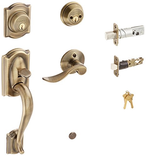 Schlage F62CAM609ACCLH Camelot Handleset Keyed 2-Sides with Accent Left-handed Lever, Antique Brass