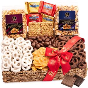 milk chocolate covered pretzels sweet treats gift basket in reusable seagrass tray + ribbon (medium 2.5 lb) caramel popcorn peanut brittle almonds, easter birthday care package, gourmet food usa made