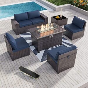 kullavik 7 pieces outdoor patio furniture set with 43″ 55000btu gas propane fire pit table pe wicker rattan sectional sofa patio conversation sets,dark blue