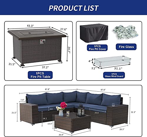 Kullavik 7 Pieces Outdoor Patio Furniture Set with 43" 55000BTU Gas Propane Fire Pit Table PE Wicker Rattan Sectional Sofa Patio Conversation Sets,Dark Blue