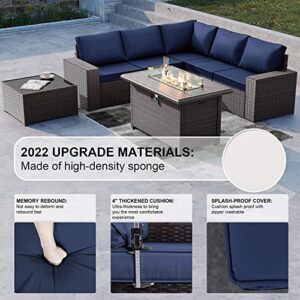 Kullavik 7 Pieces Outdoor Patio Furniture Set with 43" 55000BTU Gas Propane Fire Pit Table PE Wicker Rattan Sectional Sofa Patio Conversation Sets,Dark Blue