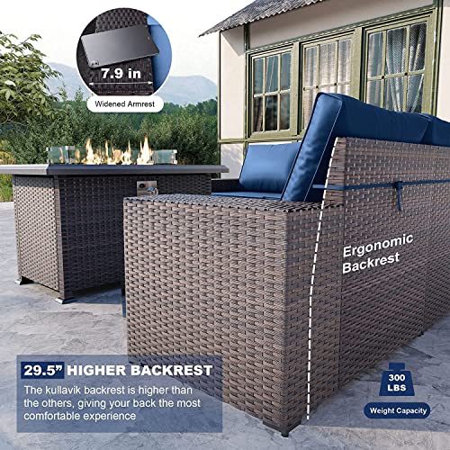 Kullavik 7 Pieces Outdoor Patio Furniture Set with 43" 55000BTU Gas Propane Fire Pit Table PE Wicker Rattan Sectional Sofa Patio Conversation Sets,Dark Blue