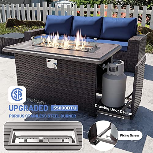 Kullavik 7 Pieces Outdoor Patio Furniture Set with 43" 55000BTU Gas Propane Fire Pit Table PE Wicker Rattan Sectional Sofa Patio Conversation Sets,Dark Blue