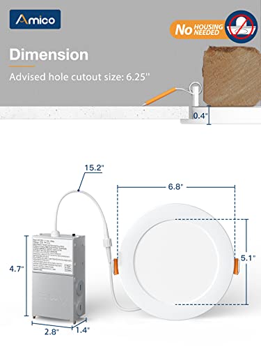 Amico 20 Pack 6 Inch 5CCT Ultra-Thin LED Recessed Ceiling Light with Junction Box, 2700K/3000K/3500K/4000K/5000K Selectable, 12W Eqv 110W, Dimmable Can-Killer Downlight, 1050LM High Brightness - ETL