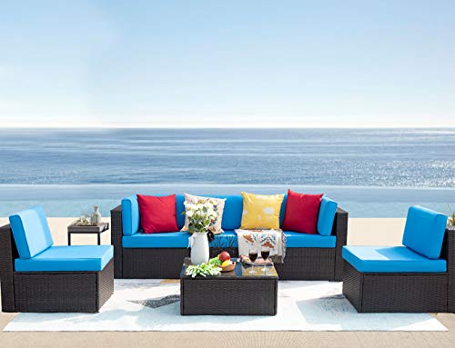 Homall 6 Pieces Patio Outdoor Furniture Sets, Low Back All Weather Rattan Sectional Sofa Manual Weaving Wicker Conversation Set with Coffee Table and Washable Couch Cushions (Blue)