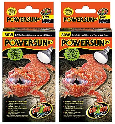 Zoo Med 2 Pack of PowerSun UV Reptile Bulbs, 80 Watts, Self-Ballasted Mercury Vapor UVB Lamp