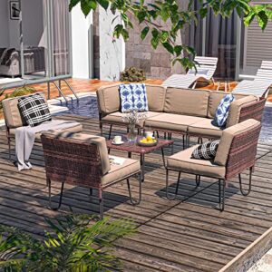 UDPATIO Outdoor Patio Furniture Sets, 7 Piece Outdoor Sectional Couch Wicker Patio Conversation Set PE Rattan Sofa w/Dining Coffee Table Washable Olefin Cushion & Pillow for Garden Balcony Yard Khaki