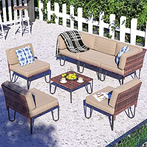 UDPATIO Outdoor Patio Furniture Sets, 7 Piece Outdoor Sectional Couch Wicker Patio Conversation Set PE Rattan Sofa w/Dining Coffee Table Washable Olefin Cushion & Pillow for Garden Balcony Yard Khaki
