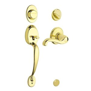 schlage plymouth handleset w flair interior lever right hand in bright brass – dummy style – f93 ply 505 fla rh (bright brass) – 496305 , gold