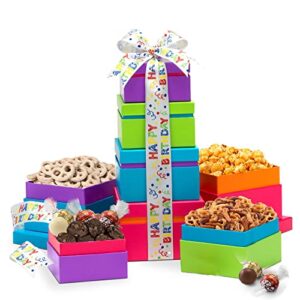 broadway basketeers gourmet chocolate food gift basket tower for birthdays – curated snack box, sweet and savory treats for parties, best wishes, birthday presents for women, men, mom, dad, her, him, families
