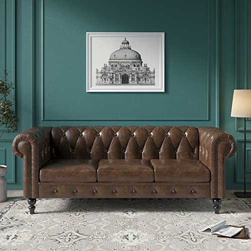 MGH 84'' PU Faux Leather Chesterfield Sofa, Mid-Century 3 Seats Top Grain Living Room Couch, Deep Button Tufted Modern Sofas Couches with Rolled Arm Settee for Bedroom, Brown (110PU)