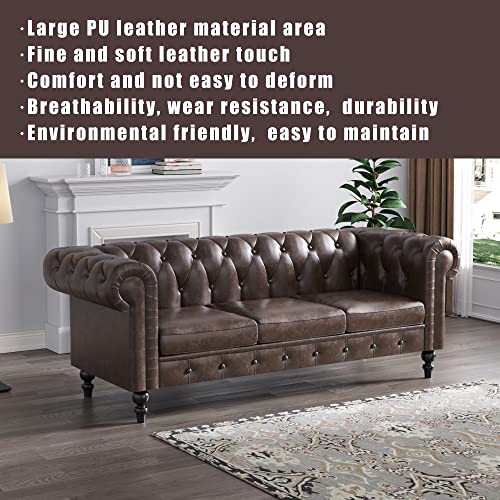 MGH 84'' PU Faux Leather Chesterfield Sofa, Mid-Century 3 Seats Top Grain Living Room Couch, Deep Button Tufted Modern Sofas Couches with Rolled Arm Settee for Bedroom, Brown (110PU)