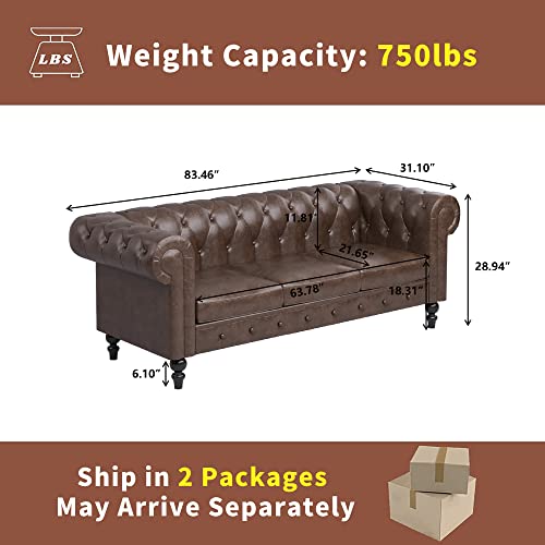 MGH 84'' PU Faux Leather Chesterfield Sofa, Mid-Century 3 Seats Top Grain Living Room Couch, Deep Button Tufted Modern Sofas Couches with Rolled Arm Settee for Bedroom, Brown (110PU)