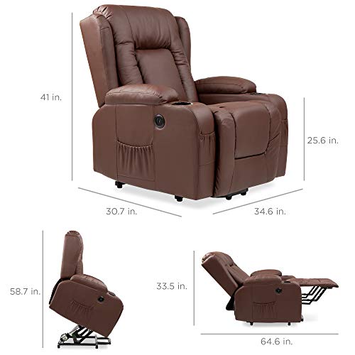 Best Choice Products Electric Power Lift Recliner Massage Chair, Adjustable Furniture for Back, Lumbar, Legs w/ 3 Positions, USB Port, Heat, Cupholders, Easy-to-Reach Side Button - Brown