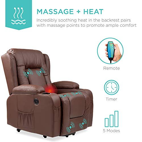 Best Choice Products Electric Power Lift Recliner Massage Chair, Adjustable Furniture for Back, Lumbar, Legs w/ 3 Positions, USB Port, Heat, Cupholders, Easy-to-Reach Side Button - Brown