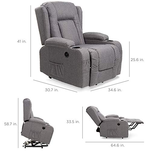 Best Choice Products Electric Power Lift Linen Recliner Massage Chair, Adjustable Furniture for Back, Lumbar, Legs w/ 3 Positions, USB Port, Heat, Cupholders, Easy-to-Reach Side Button - Gray