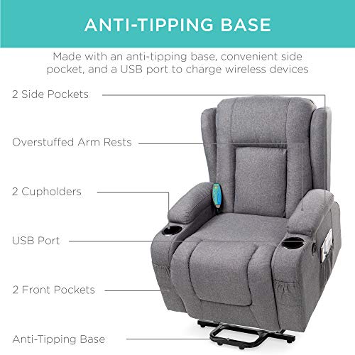 Best Choice Products Electric Power Lift Linen Recliner Massage Chair, Adjustable Furniture for Back, Lumbar, Legs w/ 3 Positions, USB Port, Heat, Cupholders, Easy-to-Reach Side Button - Gray