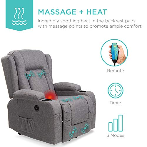 Best Choice Products Electric Power Lift Linen Recliner Massage Chair, Adjustable Furniture for Back, Lumbar, Legs w/ 3 Positions, USB Port, Heat, Cupholders, Easy-to-Reach Side Button - Gray