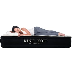 king koil luxury queen air mattress with built-in pump for home, camping & guests – queen size inflatable airbed luxury double high adjustable blow up mattress, durable portable waterproof