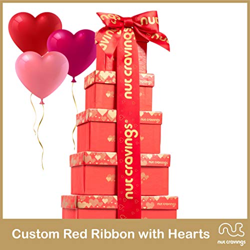 Dried Fruit & Mixed Nuts Gift Basket Red Tower + Heart Ribbon (12 Assortments) Purim Mishloach Manot Gourmet Food Bouquet Arrangement Platter, Birthday Care Package, Healthy Kosher Snack Box