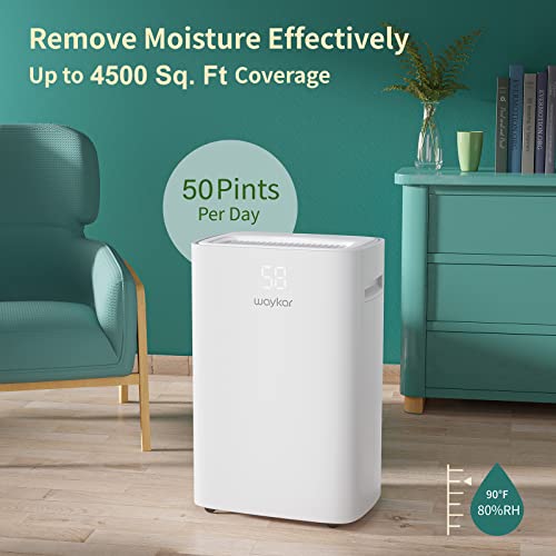 Waykar 4500 Sq. Ft Dehumidifier for Home with Drain Hose for Bedrooms, Basements, Bathrooms, Laundry Rooms - with Intelligent Control Panel and Front Display, 24 Hr Timer and 0.66 Gallons Water Tank