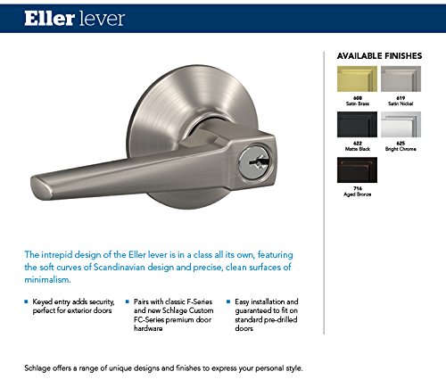 SCHLAGE F51A ELR 622 CEN Eller Lever with Century Trim Keyed Entry Lock, Matte Black