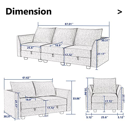 HONBAY 3 Piece Sofa Sets for Living Room Furniture Couch Set Modular Sofa Set with Polyester Fabric 3 Seats Sofa Loveseat and Armchair in Bluish Grey