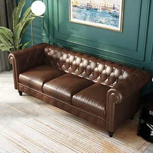 julyfox brown leather couch button tufted, faux leather chesterfield sofa with rolled arms black wood legs 750 lbs heavy duty 88 in wide for home living room
