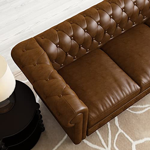 JULYFOX Brown Leather Couch Button Tufted, Faux Leather Chesterfield Sofa with Rolled Arms Black Wood Legs 750 lbs Heavy Duty 88 in Wide for Home Living Room