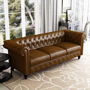 JULYFOX Brown Leather Couch Button Tufted, Faux Leather Chesterfield Sofa with Rolled Arms Black Wood Legs 750 lbs Heavy Duty 88 in Wide for Home Living Room