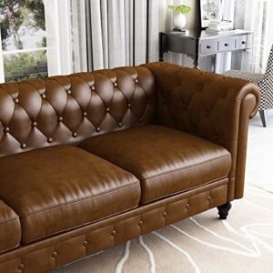 JULYFOX Brown Leather Couch Button Tufted, Faux Leather Chesterfield Sofa with Rolled Arms Black Wood Legs 750 lbs Heavy Duty 88 in Wide for Home Living Room