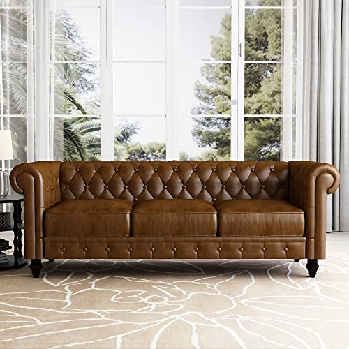 JULYFOX Brown Leather Couch Button Tufted, Faux Leather Chesterfield Sofa with Rolled Arms Black Wood Legs 750 lbs Heavy Duty 88 in Wide for Home Living Room