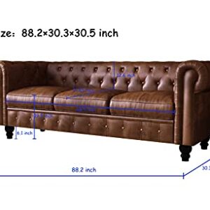 JULYFOX Brown Leather Couch Button Tufted, Faux Leather Chesterfield Sofa with Rolled Arms Black Wood Legs 750 lbs Heavy Duty 88 in Wide for Home Living Room