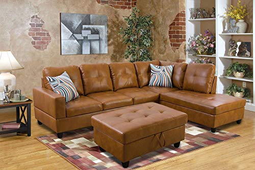 GEBADOL Lifestyle Furniture 103" Wide 3 Piece Sectional Sofa Couch Set, L-Shaped Modern Sofa with Chaise Storage Ottoman and Pillows,Faux Leather, Right Facing.