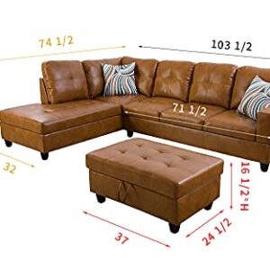 GEBADOL Lifestyle Furniture 103" Wide 3 Piece Sectional Sofa Couch Set, L-Shaped Modern Sofa with Chaise Storage Ottoman and Pillows,Faux Leather, Right Facing.