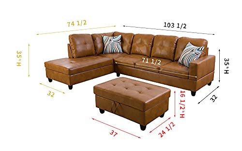 GEBADOL Lifestyle Furniture 103" Wide 3 Piece Sectional Sofa Couch Set, L-Shaped Modern Sofa with Chaise Storage Ottoman and Pillows,Faux Leather, Right Facing.