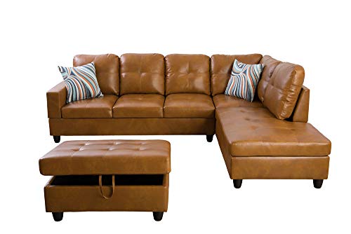 GEBADOL Lifestyle Furniture 103" Wide 3 Piece Sectional Sofa Couch Set, L-Shaped Modern Sofa with Chaise Storage Ottoman and Pillows,Faux Leather, Right Facing.